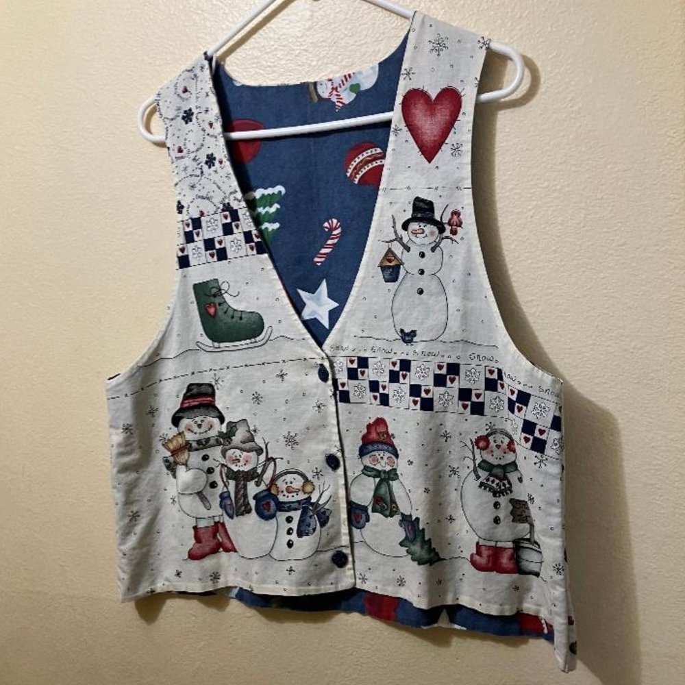 Vintage Handmade Snowman Pattern Button Up Holiday Vest Women's Size M/L